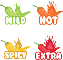 Pepper spice level. Red chili pepper. Mild, spicy, hot, extra hot