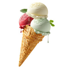 A delicious ice cream cone features three vibrant scoops of flavors—strawberry, mint, and vanilla—dripping slightly in warm weather. Mint leaves add a fresh touch