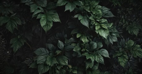 Mysterious, moody black & verdant leaf design  Edgy, opulent, botanical backdrop , verdant, exotic