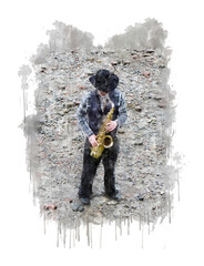 Unknown saxofone player on a beach
