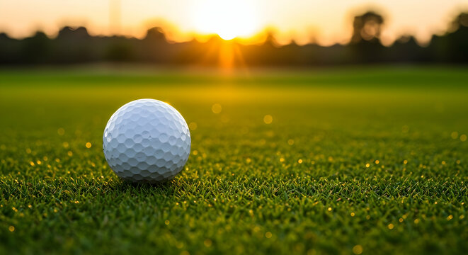 Golden Hour Golf  Perfect Tee Time Sunset on the Green Golf Ball on Lush Fairway Serene Sports Landscape Championship Course Country Club Recreation Golfer Paradise