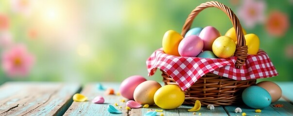 Red gingham-lined basket overflowing with colorful Easter eggs , texture, painted