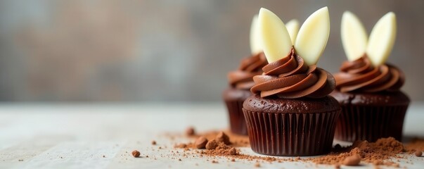 Rich chocolate cupcakes, white chocolate bunny ears, cocoa powder dusting, holiday, dessert table
