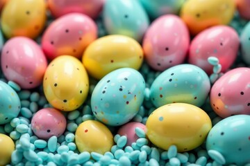 Speckled eggs amongst bright candy, vibrant Easter scene , pastel, sugar