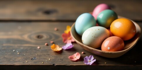 Speckled & solid dyed eggs, rustic wooden table, symbol, happy
