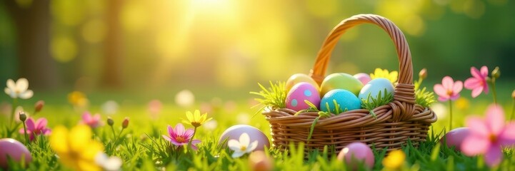 Sun-drenched wicker basket overflows with vibrantly colored Easter eggs nestled amongst blooming spring flowers , bunny, springtime