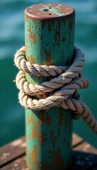 Thick rope nautical knot tightly secured on weathered dock post , summer, dock post, detail