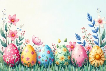 Watercolor Easter eggs, floral designs Delicate spring blooms, pastel colors , illustration, tulips