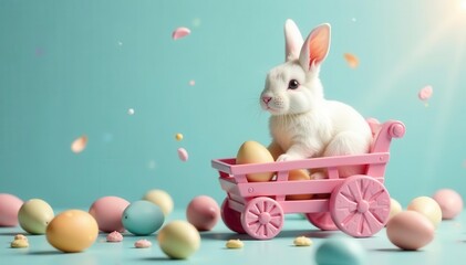 White bunny in candy cane cart, pastel Easter eggs, whimsical sweets, design, blue