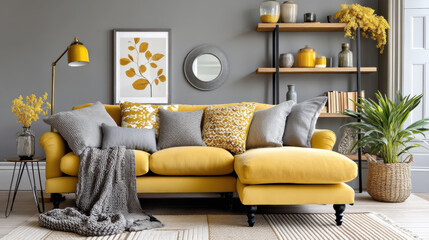Stylish yellow couch with decorative pillows and cozy throw in modern living room with plants and shelves for welcoming atmosphere