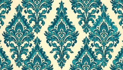Symmetrical paisley damask pattern in deep teal and cream , classic, scroll, design