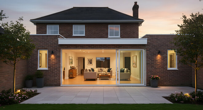 Modern Home Extension Design Backyard Patio Living Space Indoor Outdoor Flow Natural Light Brick Walls Sliding Glass Doors Evening Ambiance Cozy Interior Architecture Renovation