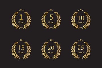 Anniversary icon or logo set with laurel wreath. 1, 5, 10, 15, 20, 25 years jubilee, birthday golden badge, label or emblem. Celebration design element. Anniversary icon on black background.