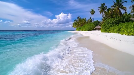 Turquoise tropical ocean waves lapping against white sand tropical beach scenic viewpoint