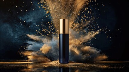 Luxurious perfume bottle amidst golden dust explosion dark background elegant design rich tones
