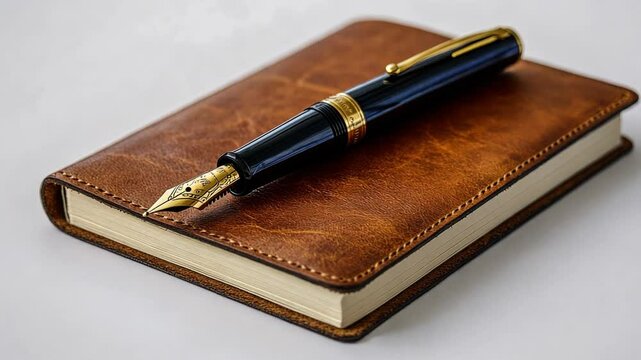 This high-quality footage showcases a leather journal and a fine fountain pen. Ideal for writers and creatives. Capture your inspiration with this stunning visual. Generative AI