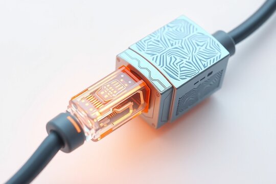 LAN cable connecting directly to a glowing AI server, 3D, with a white background. Highlights physical tech behind modern AI For product websites, landing pages, AI software promotion.