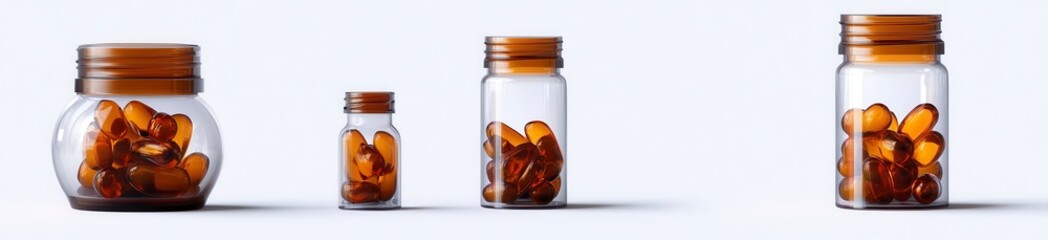 Amber Glass Jars with Translucent Capsules on White Background
