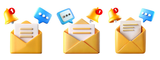 3D Opened letter in envelope with Notification Bell and Chat Bubble,  message alert. Email marketing concept. Business cartoon emoji icon. Newsletter concept. Transparent PNG