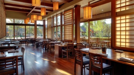 Interior shot of a modern Japanese eatery with sliding wood panels, warm tones, and soft illumination
