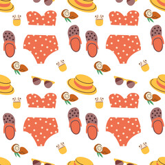 Vacation outfit, seamless pattern, accesories for beach and warm weather, vector illustration isolate on white backgrund