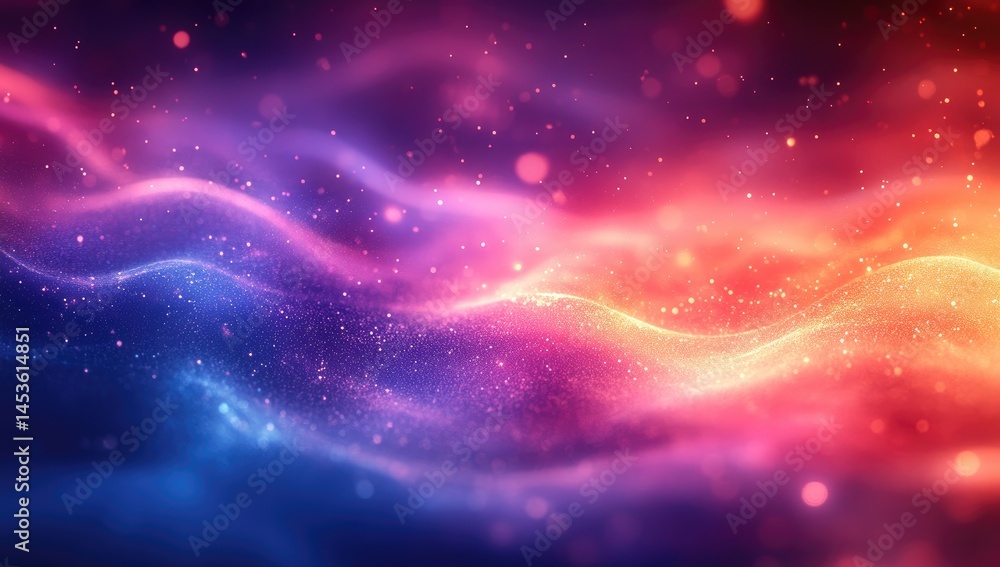 Poster vibrant abstract design with flowing colors and particles.