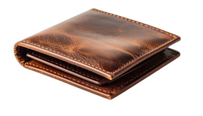 Brown leather bi-fold wallet on a solid white in Png format