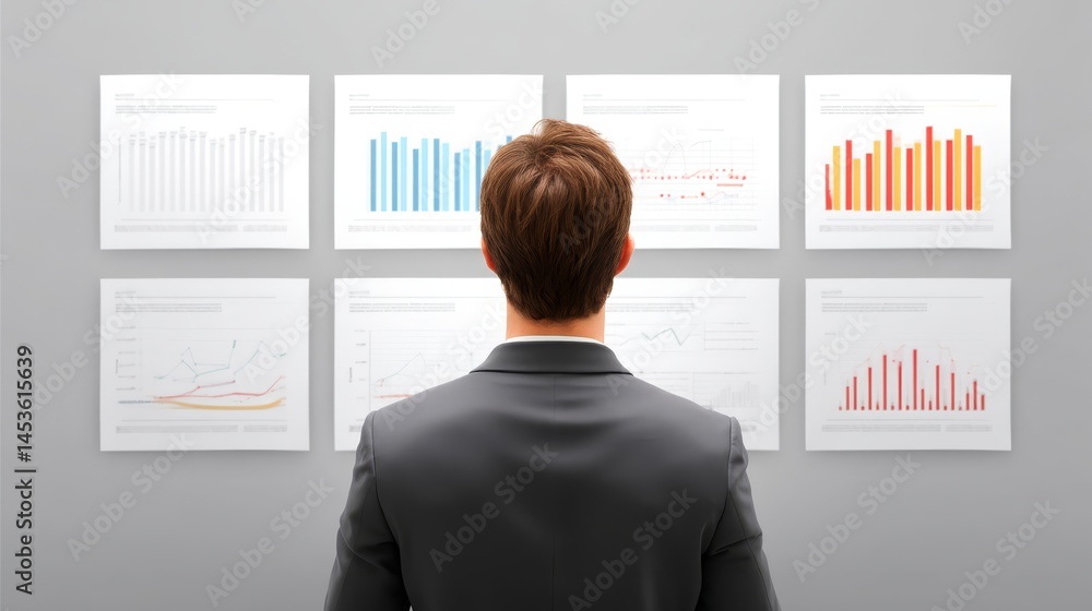 Poster man examining walldisplayed graphs, a visual representation of data analysis and strategic planning