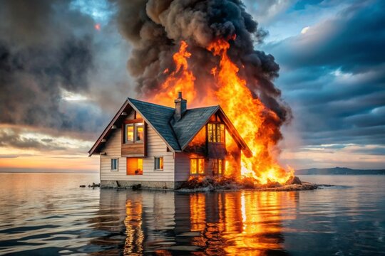 house on fire, small house in the middle of a lake burns from a wildfire, to publicize natural disasters and insurance companies