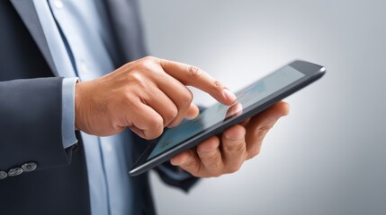 Modern businessman in suit utilizing tablet for digital management and online tasks