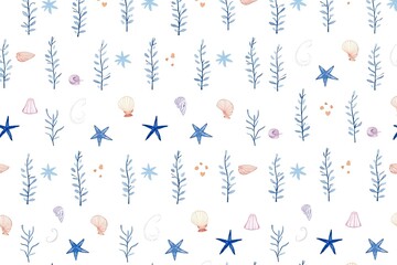 Watercolor ocean pattern with starfish seaweed and seashells nautical themed design for backgrounds and textiles silhouette