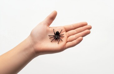 Obraz premium Small Black Spider on a Hand Against White Background