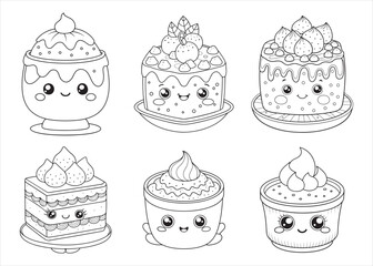 Kawaii Dessert Coloring Book Page Cute Sweet Treats Outline Illustration Collection Design