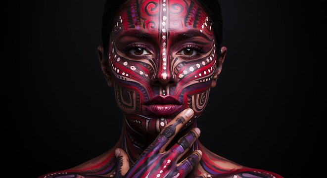 Intricate Body Art A Woman Adorned in Red and Purple Tribal Designs