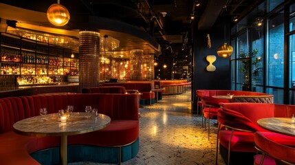 Upscale interior with curved velvet benches, bold accent colors, and calming lighting for modern flair