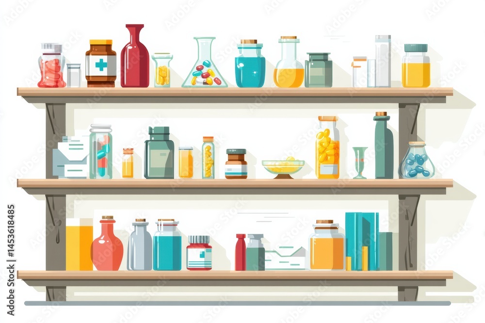 Poster flat medical shelf featuring classic medicines and vitamins in an organized display with various bot