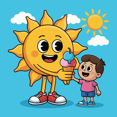 Naklejka premium Happy National Ice Cream Day Vector Set: Smiling Ice Cream Cones, Ice Cream Truck, Family Picnic, Sundaes, Popsicles, Flat Solid Color Cartoon Illustrations for July Celebration