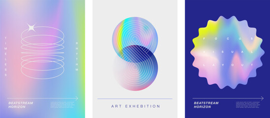 Modern digital art posters with abstract minimal holographic gradient shapes