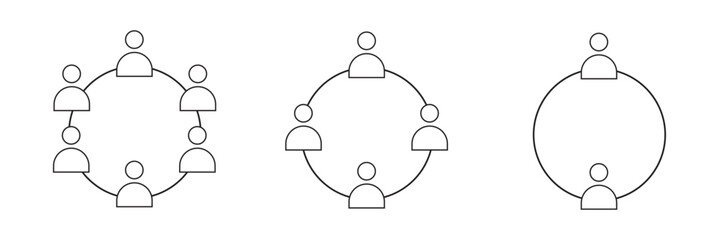 Three people sitting on meeting room icon set. Meeting room, discussion, business conference, support group outline icon. 