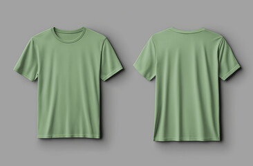 green T-shirt template, front and back mockup on a grey background, flat lay, close-up view. 
