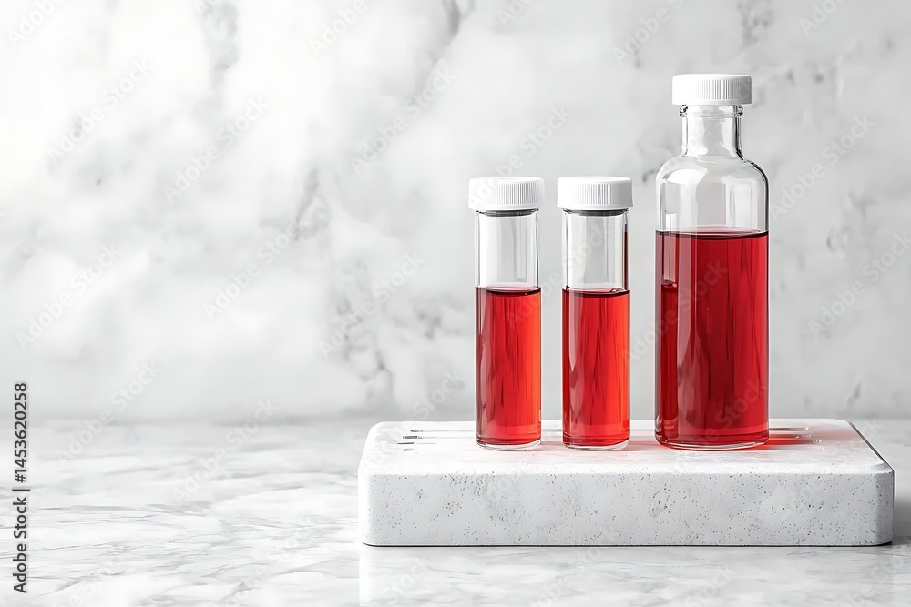 Poster laboratory experiment clean design photography of red liquid samples in a modern setting