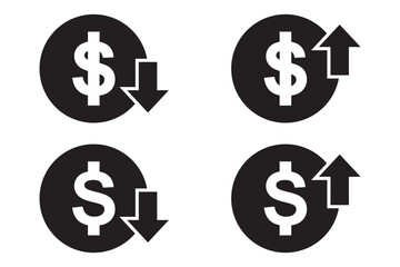 Money increase or decrease icon set. dollar decrease increase symbol. profit and lose signs. 