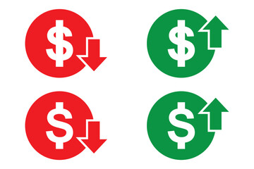 Money increase or decrease icon set. dollar decrease increase symbol. profit and lose signs. 