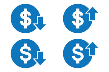 Money increase or decrease icon set. dollar decrease increase symbol. profit and lose signs. 