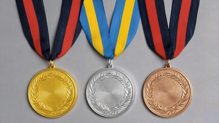 Gold, silver, and bronze medals with ribbons lie side by side on a gray backdrop, representing achievement and rank in competition.