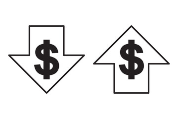 Money increase icon. Investment growth. Finance arrow up. Profit decrease. Dollar price. 