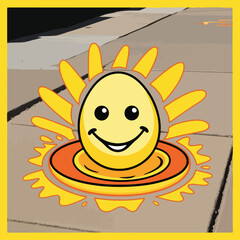 Vector illustration of a fried egg sizzling on a hot sidewalk under the bright summer sun, with heat waves rising from the ground, celebrating National Sidewalk Egg Frying Day.