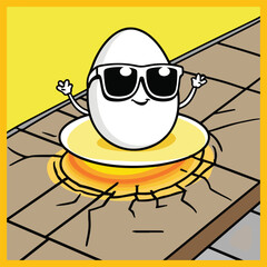 Vector illustration of a fried egg sizzling on a hot sidewalk under the bright summer sun, with heat waves rising from the ground, celebrating National Sidewalk Egg Frying Day.