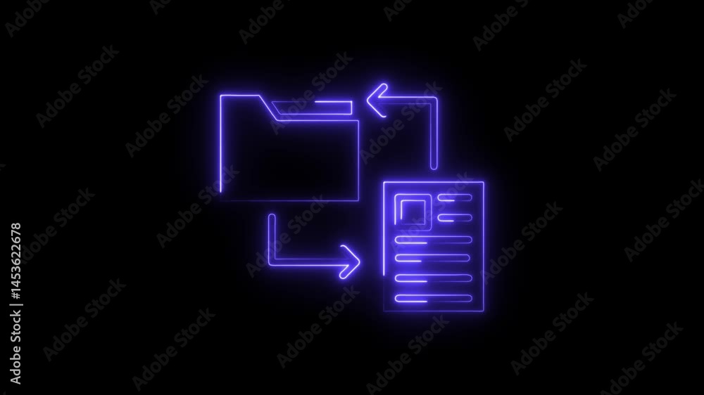 Aufkleber neon file transfer animation on black background for data management and cloud storage
