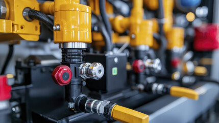 Fototapeta premium close up view of hydraulic valve showcasing its intricate design and functionality, highlighting engineering precision